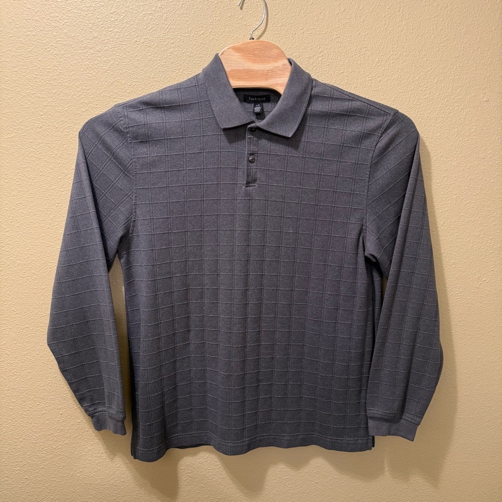 Men’s Large Van Heusen Charcoal Gray Long Sleeve Check Pattern Polo Shirt